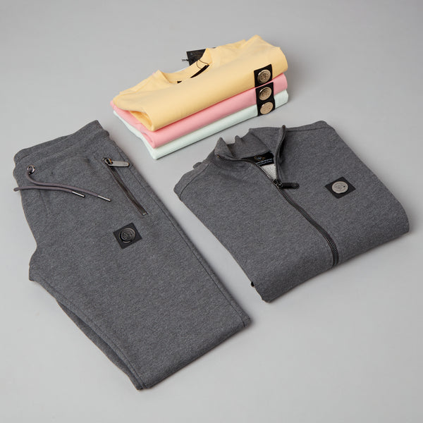 Luxury men's grey signature tracksuit and designer t-shirts from Threads by SB.